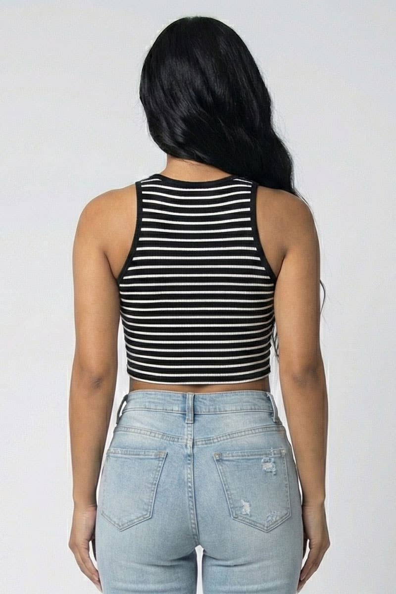 Ribbed Striped Racerback Crop Tank Top: White/Black / S