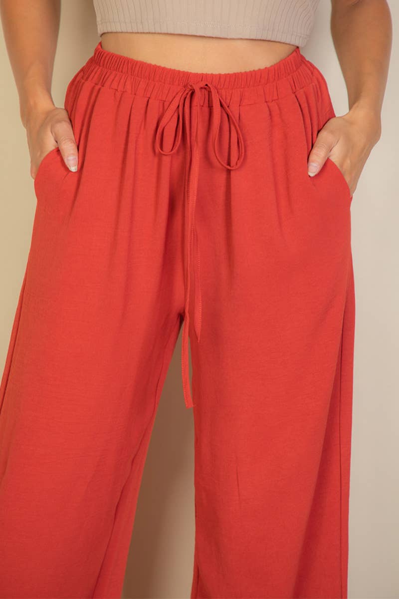 Drawstring waist wide leg minimalist pants: Black / L