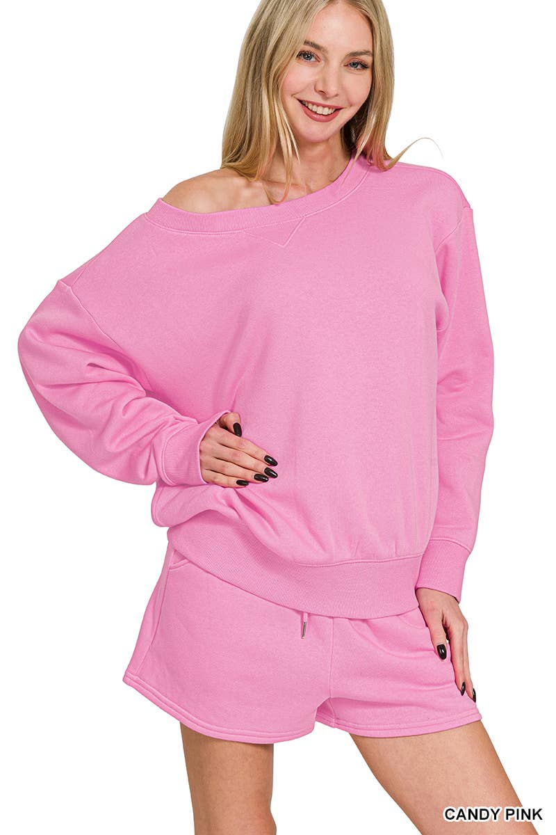 Fleece Sweatshirts & Drawstring Shorts 2pc Set Zenana: ASH MOCHA-186261 / S