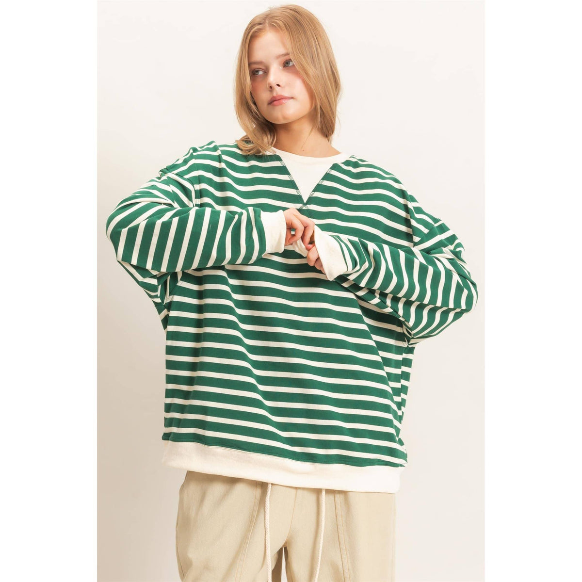 Striped Long Sleeve Pullover: GRAY/ECRU / S-M-L(2-2-2)