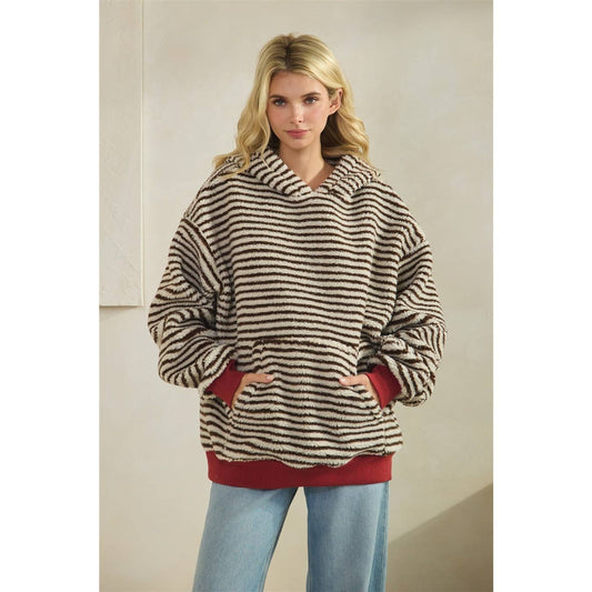 Teddy Striped Contrast Cozy Hoodie: Brown / S