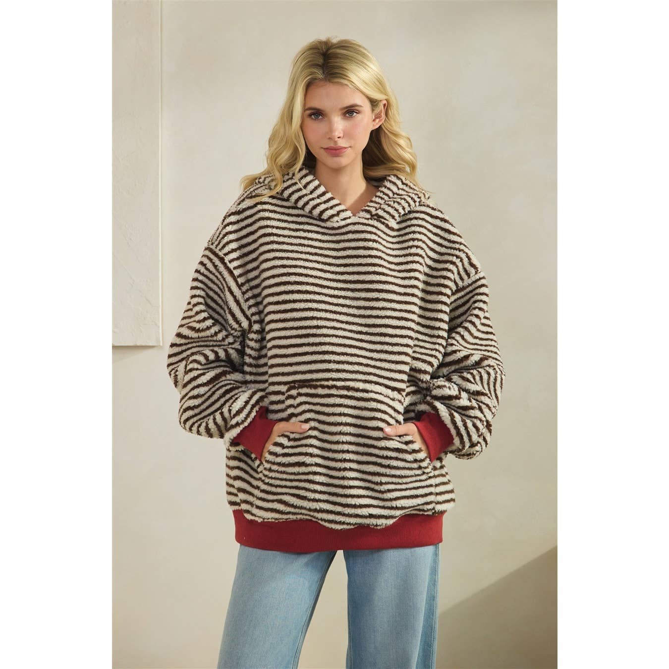 Teddy Striped Contrast Cozy Hoodie: Brown / L