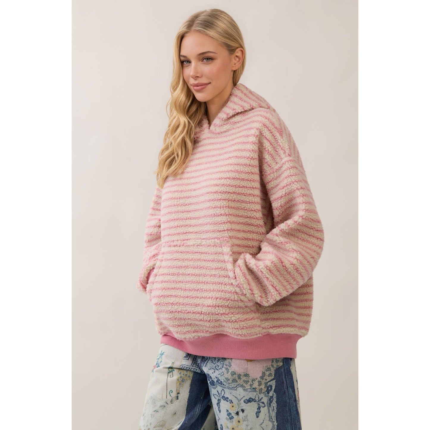 Teddy Striped Contrast Cozy Hoodie: Brown / S