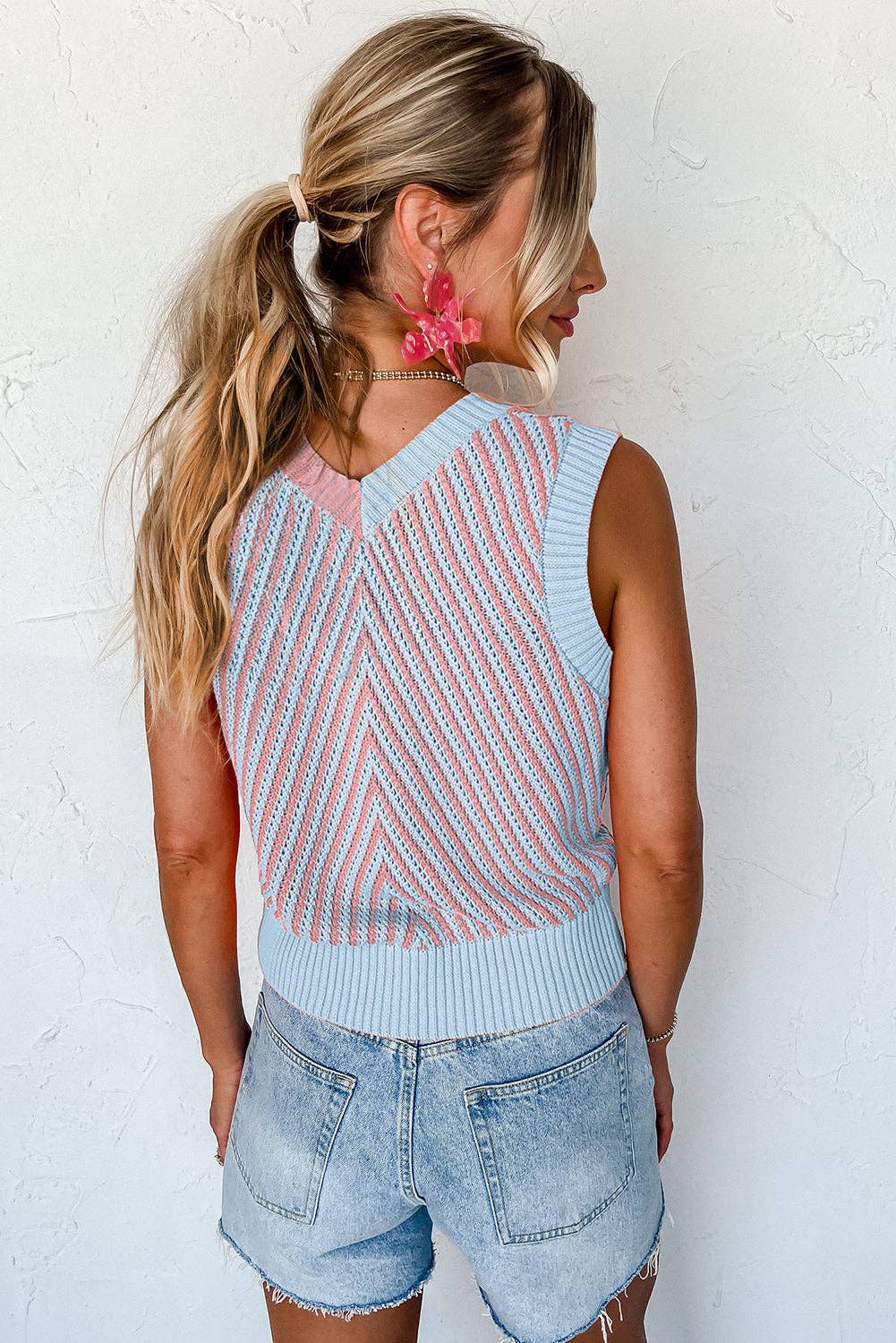 Strawberry Pink Contrast Chevron Knit V Neck Sweater Vest: Strawberry Pink / 100%Viscose / M