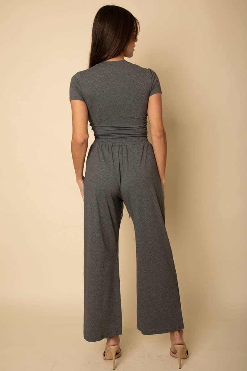 Relaxed Fit Top and Wide-Leg Pants Set: Heather Grey / S