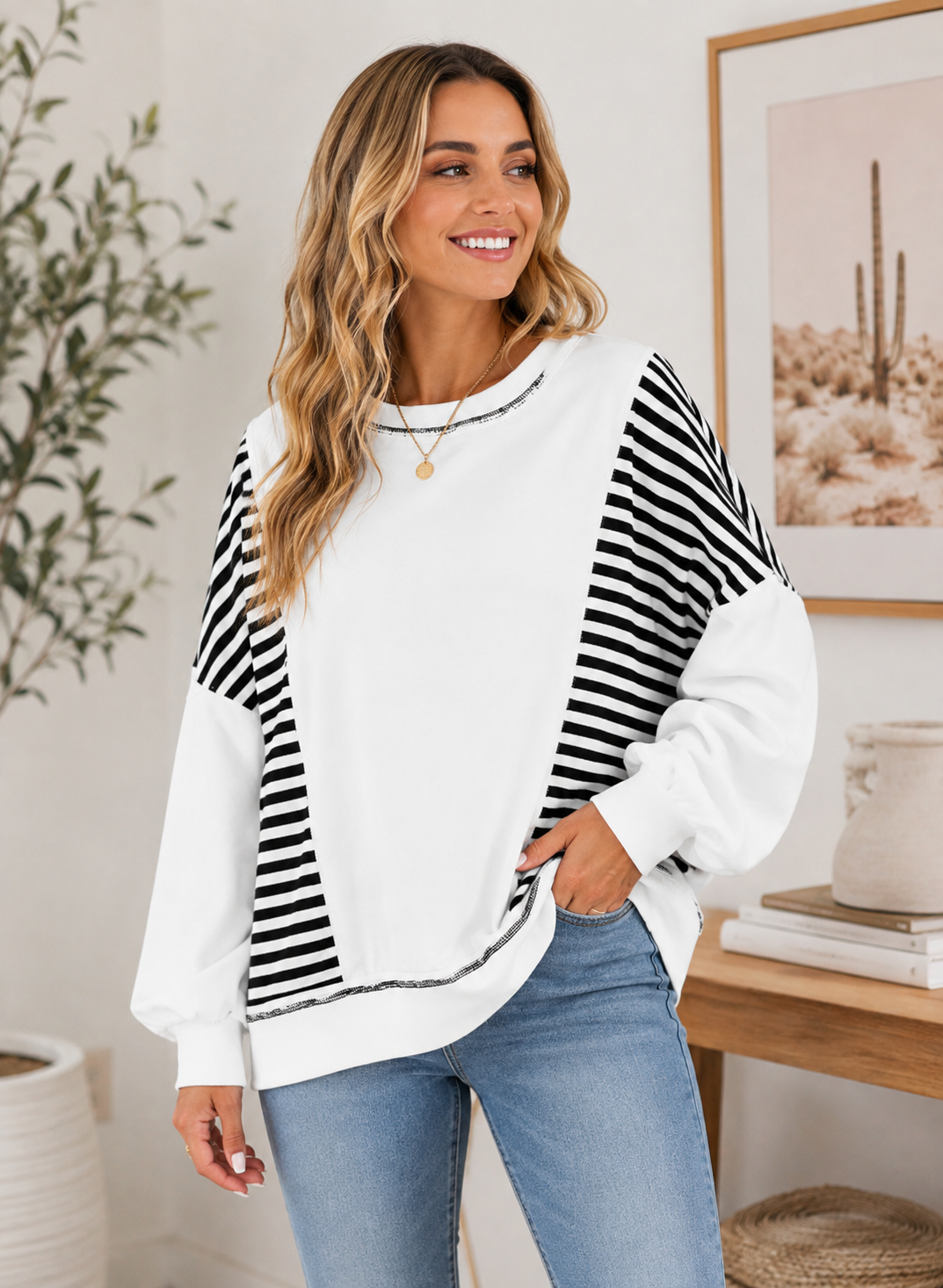 Oversized Stripe Colorblock Sweatshirt: XL