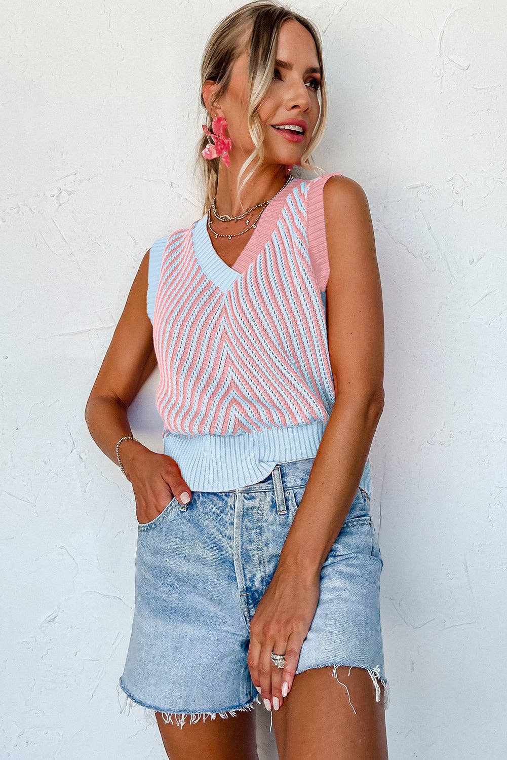 Strawberry Pink Contrast Chevron Knit V Neck Sweater Vest: Strawberry Pink / 100%Viscose / M