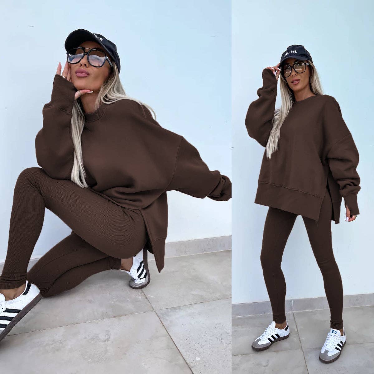 Oversized Sweatshirt and Leggings Two Piece Set: Blue / 100%Polyester / M