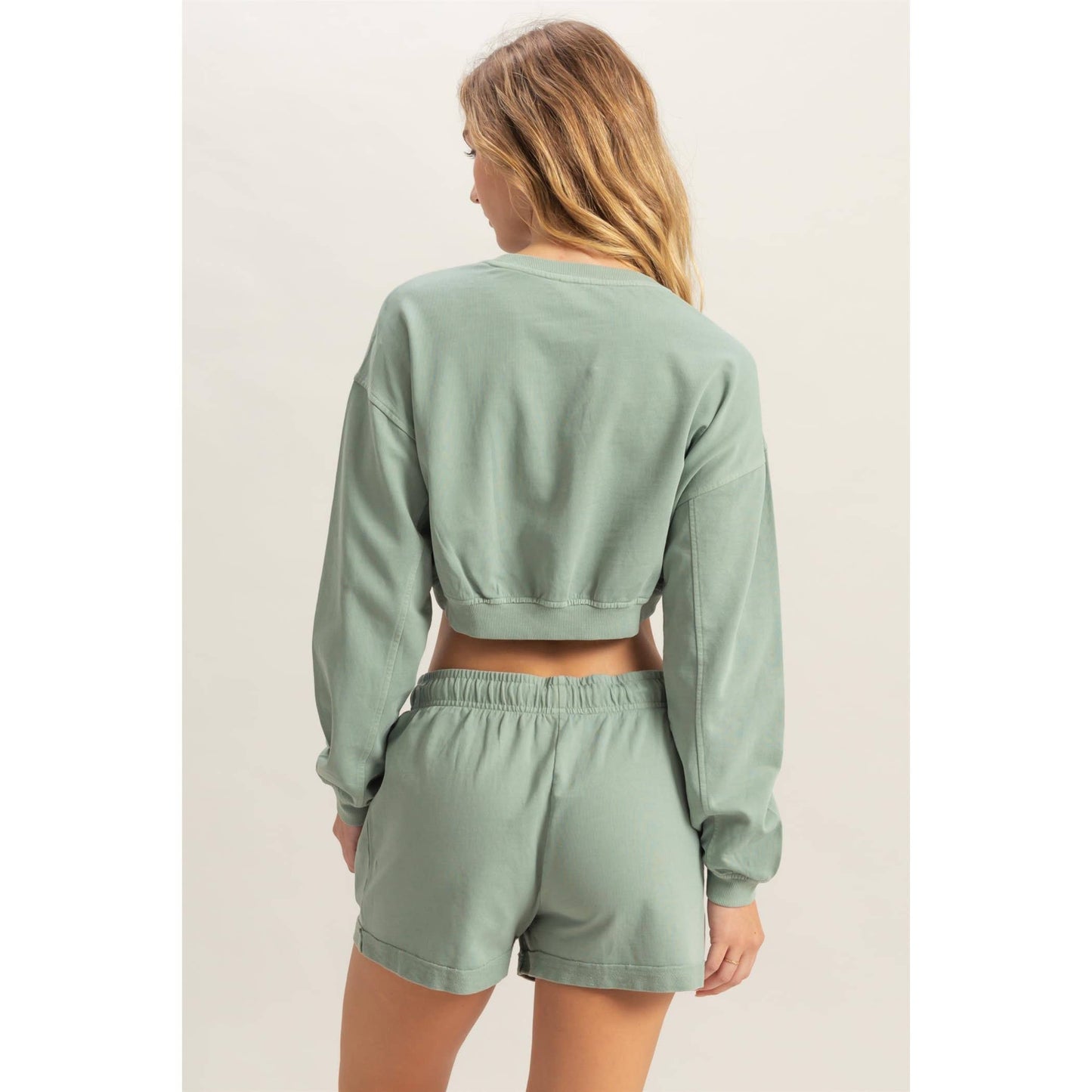 Crew Neck Long Sleeve Crop Sweatshirt: DUSTY INDIGO / S-M-L(2-2-2)