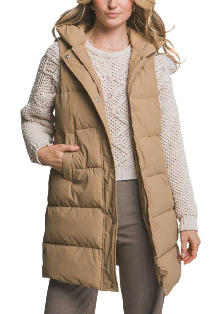 Hooded Long Quilted Puffer Vest: OLIVE / 2-2-2(S-M-L)