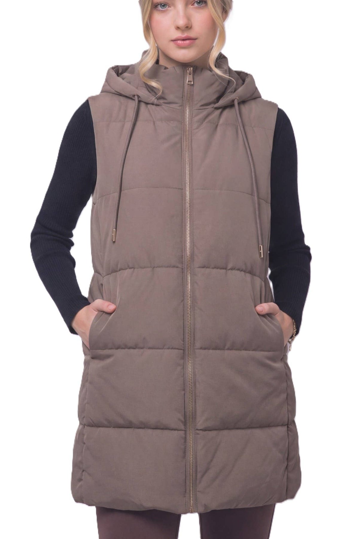 Long Hooded Puffer Vest: BLACK / 2-2-2(S-M-L)