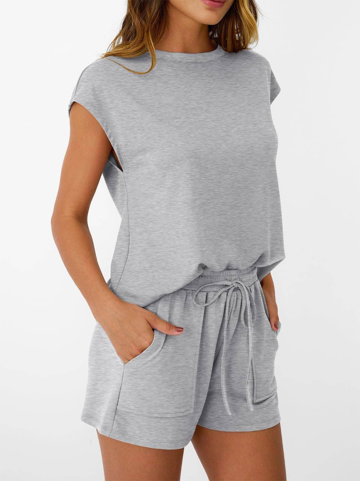 Casual Lounge Set Cap Sleeve Top Drawstring Shorts: Black / 65%Polyester+30%Viscose+5%Elastane / S