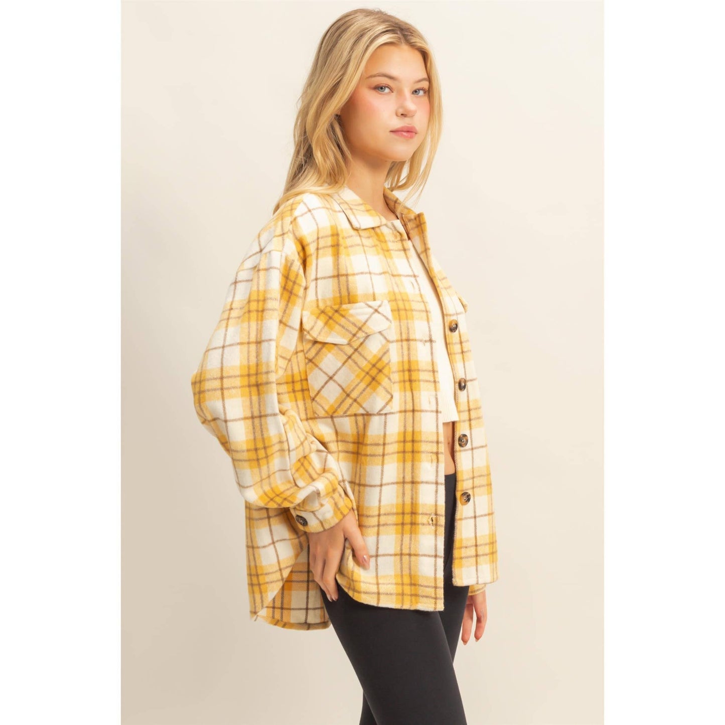 Collared Plaid Shacket: BLUE / S-M-L(2-2-2)
