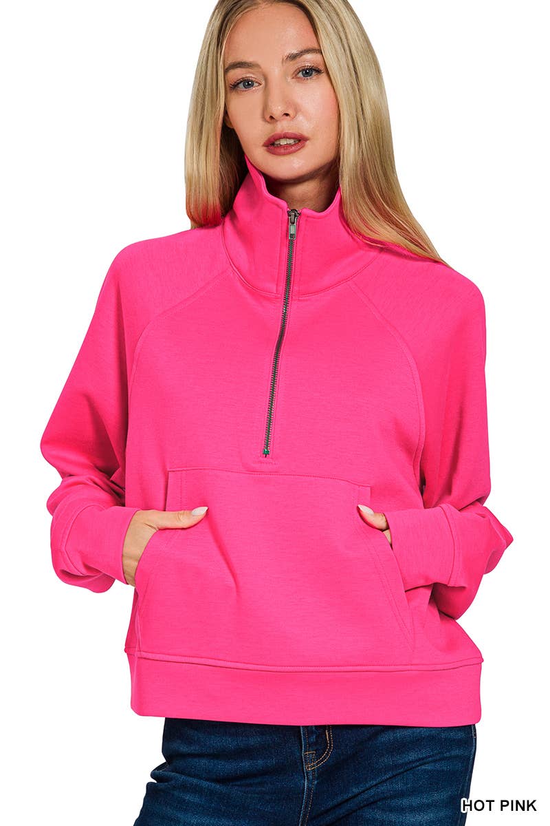 Scuba Half Zip Pullover With Kangaroo Pocket Zenana: CHOCOLATE-202375 / L