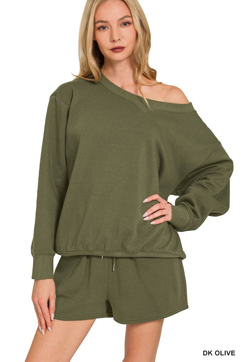 Fleece Sweatshirts & Drawstring Shorts 2pc Set Zenana: ASH MOCHA-186261 / M