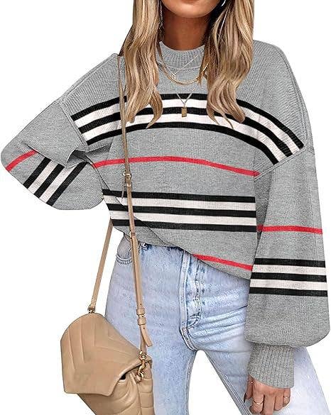 Retro Cozy Multi Striped Lantern Sleeves Knit Sweater: Camel / M