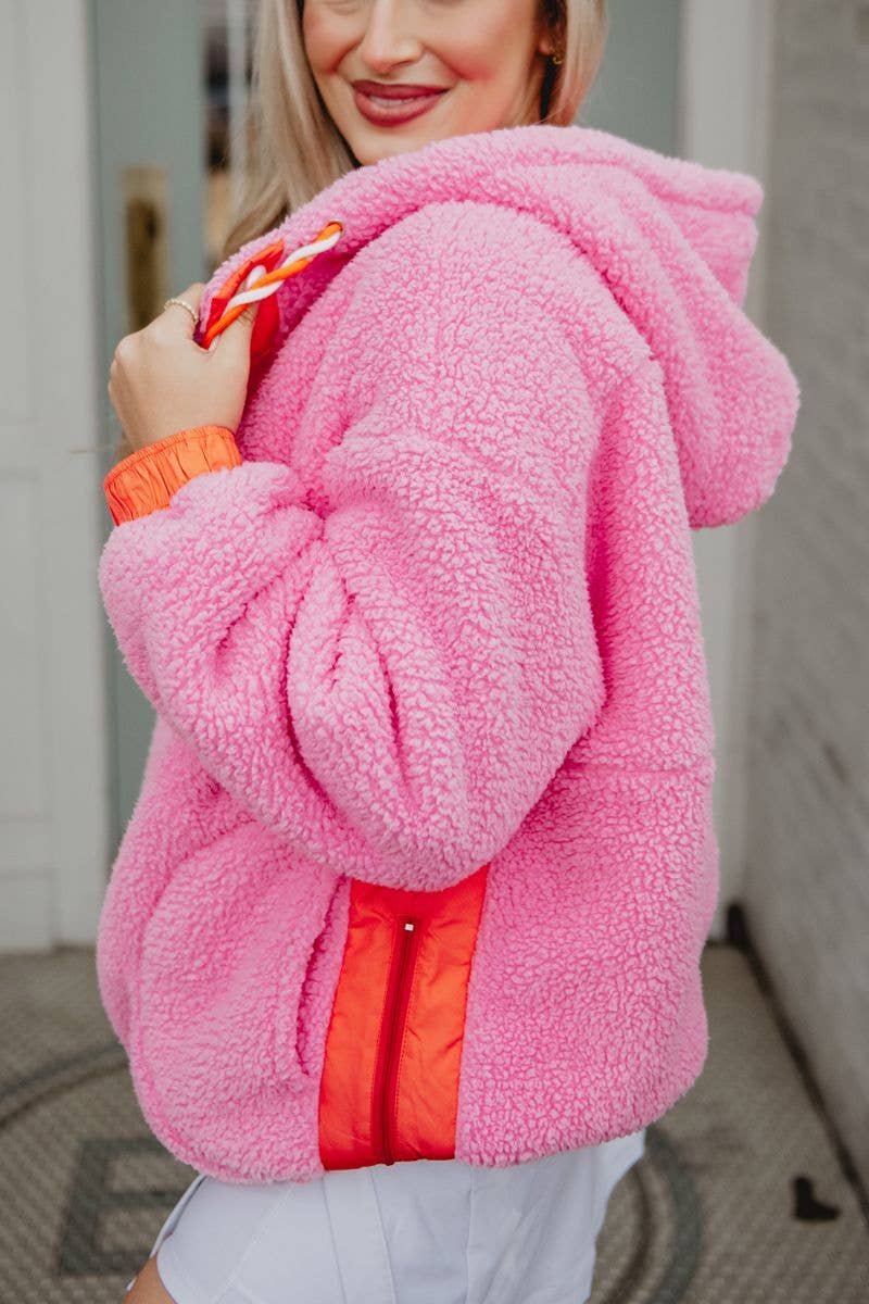 Pink Two-Toned Sherpa Pullover Hoodies: Pink / L
