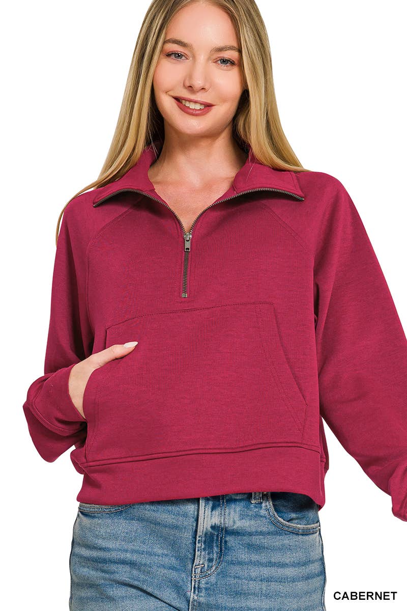Scuba Half Zip Pullover With Kangaroo Pocket Zenana: CHOCOLATE-202375 / M
