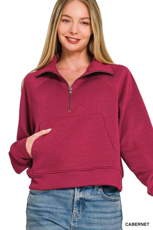 Scuba Half Zip Pullover With Kangaroo Pocket Zenana: CABERNET-202374 / M