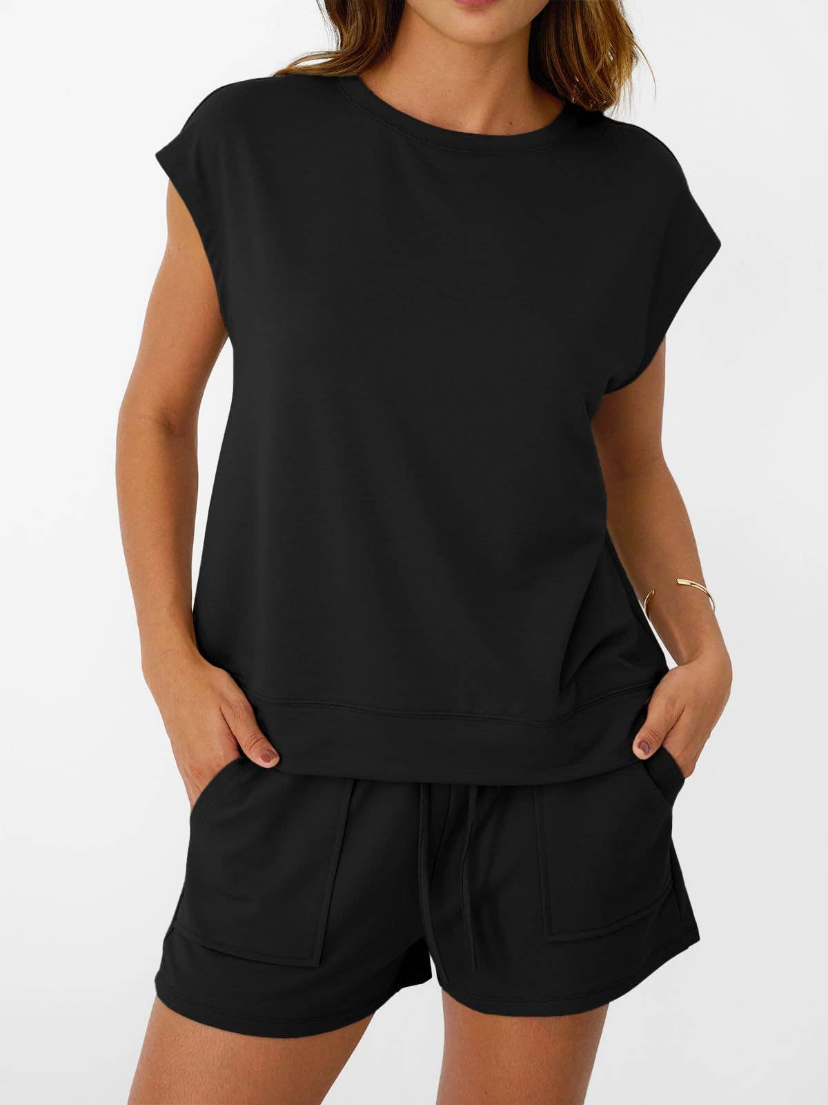 Casual Lounge Set Cap Sleeve Top Drawstring Shorts: Black / 65%Polyester+30%Viscose+5%Elastane / S