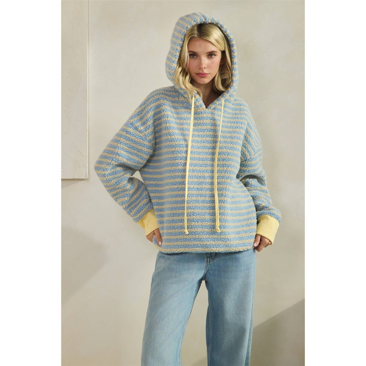 Teddy Striped Contrast Cozy Hoodie: Brown / S