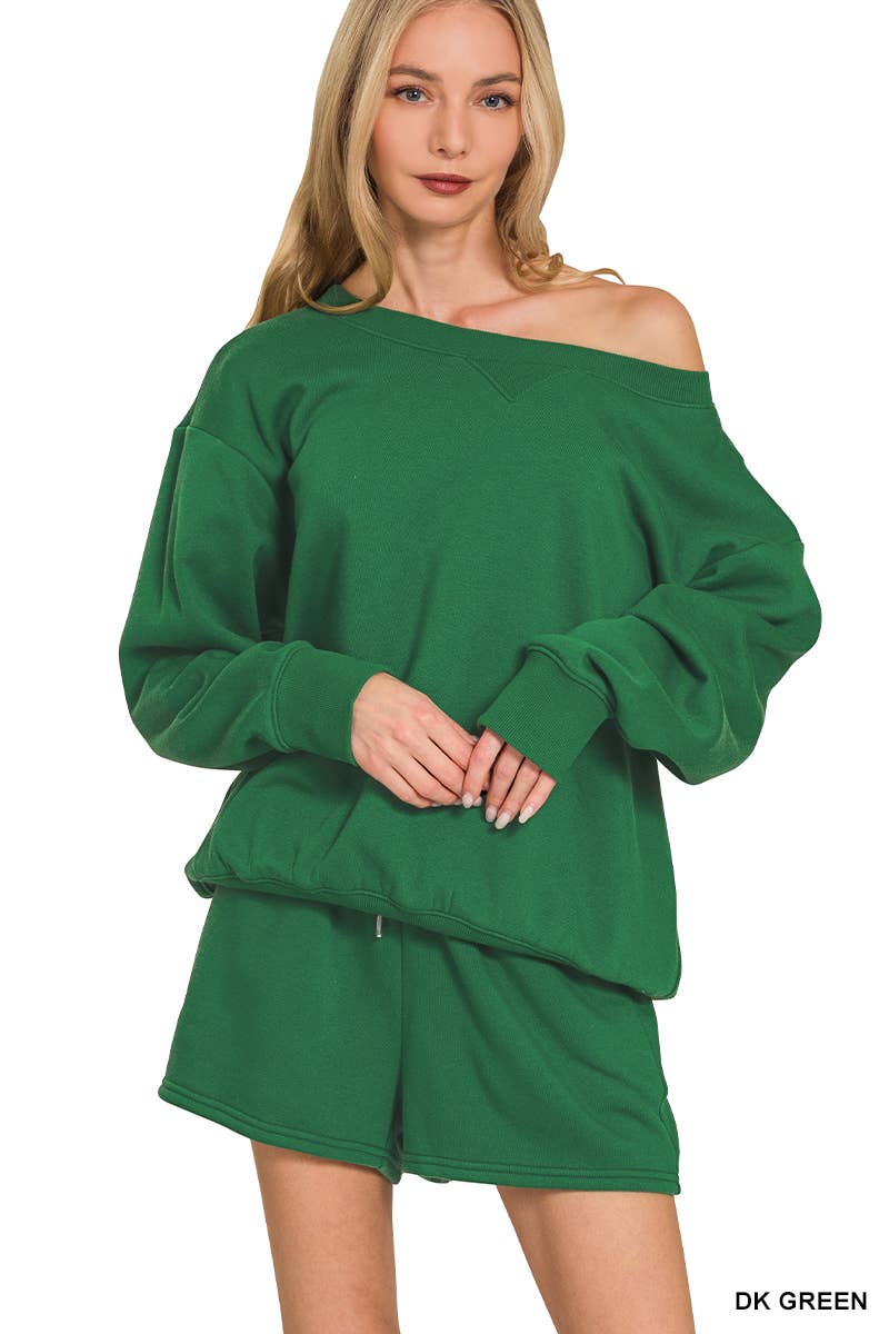 Fleece Sweatshirts & Drawstring Shorts 2pc Set Zenana: ASH MOCHA-186261 / S
