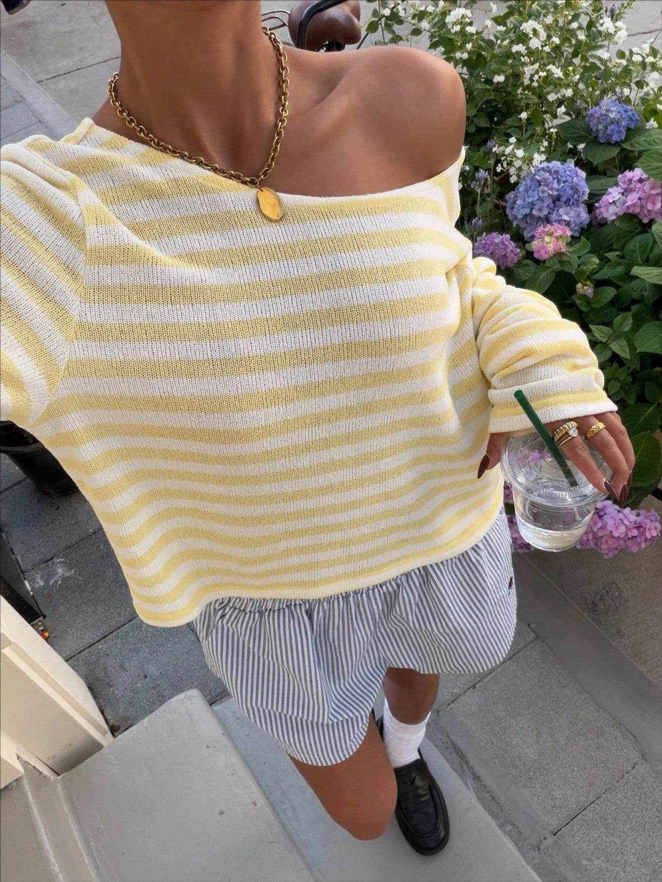 Colorblock Striped Knit Off The Shoulder Sweater Top: Black / XL