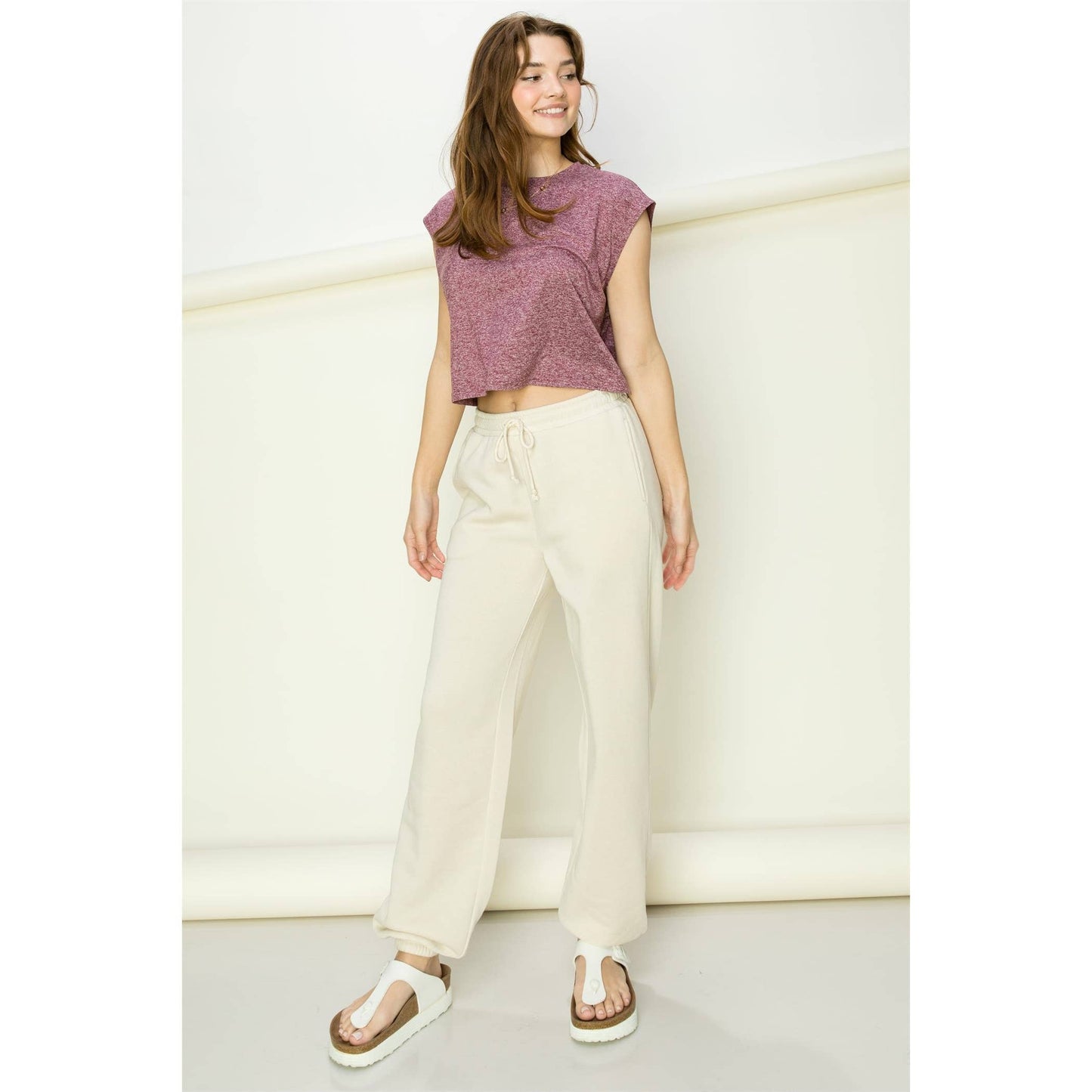 Crew Neck Cropped Top: KHAKI / S-M-L(2-2-2)