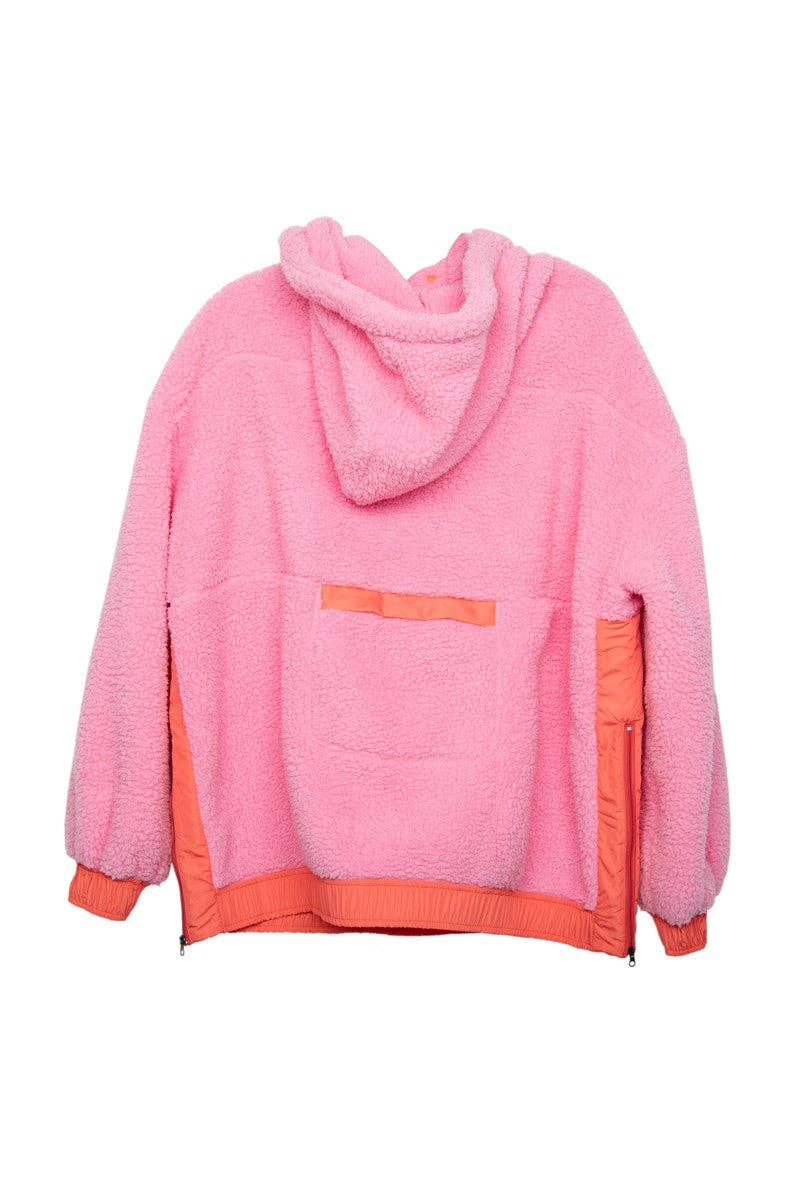 Pink Two-Toned Sherpa Pullover Hoodies: Pink / M
