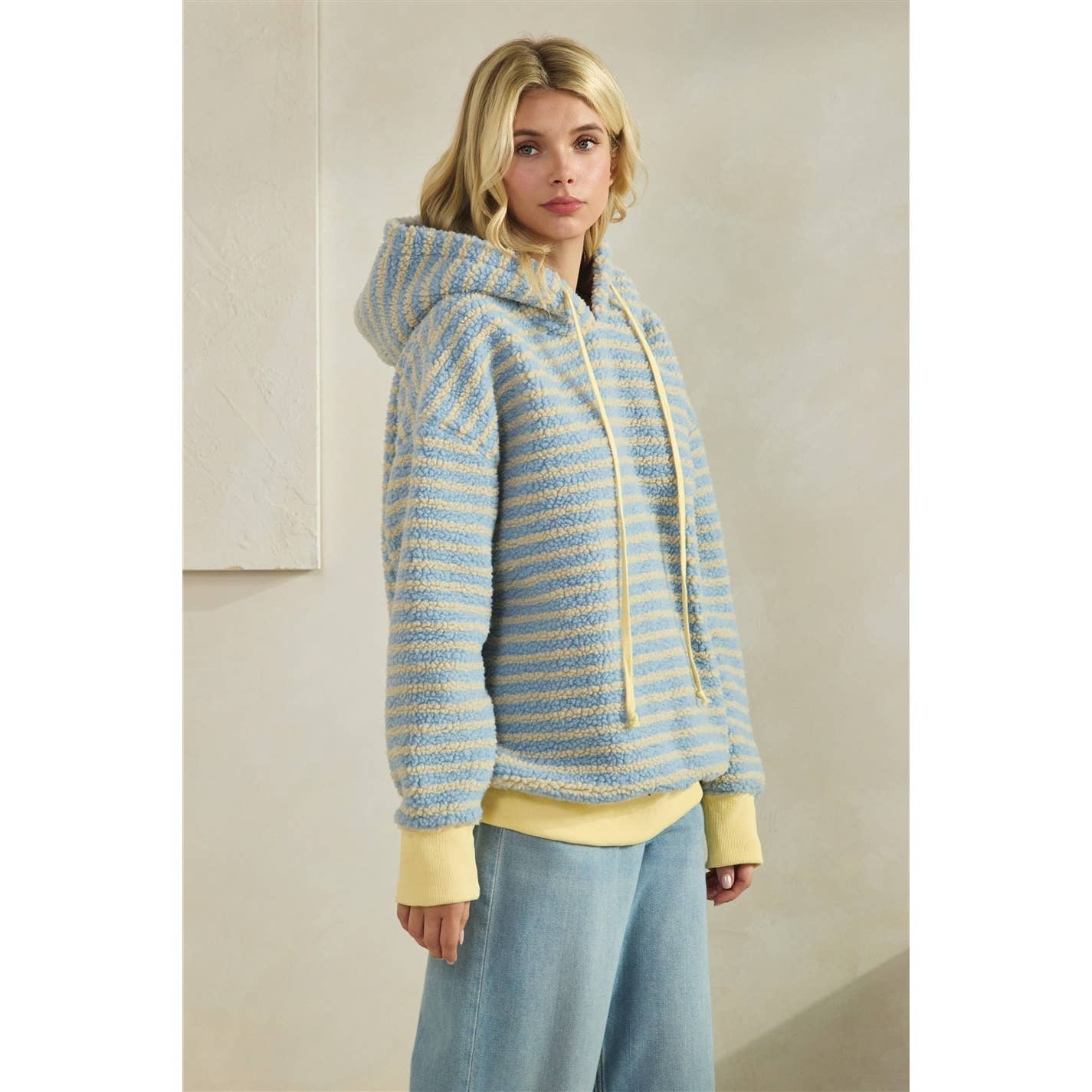 Teddy Striped Contrast Cozy Hoodie: Brown / S