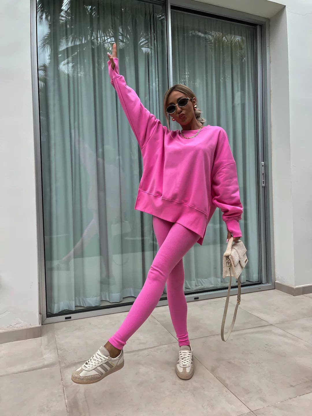 Oversized Sweatshirt and Leggings Two Piece Set: Blue / 100%Polyester / M