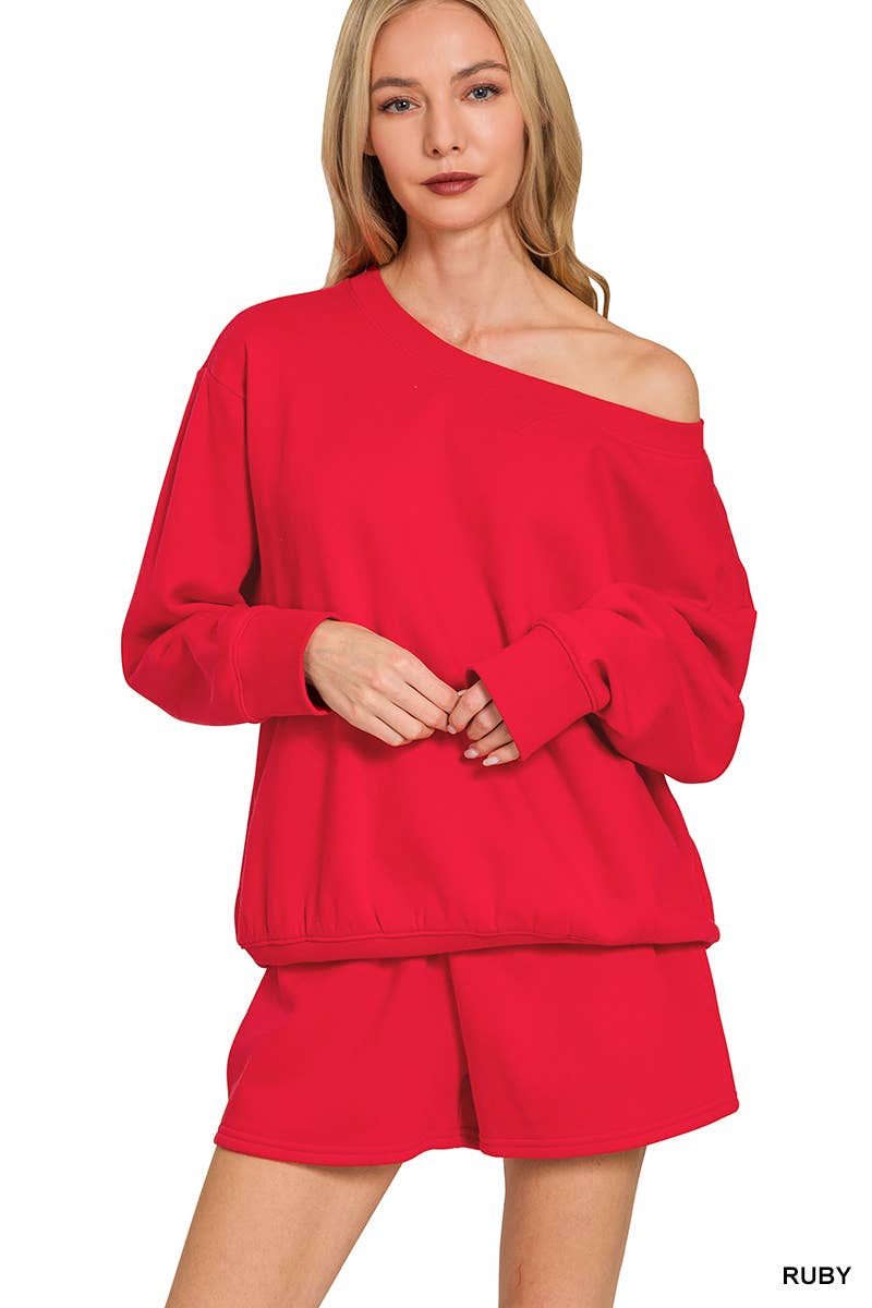 Fleece Sweatshirts & Drawstring Shorts 2pc Set Zenana: ASH MOCHA-186261 / S