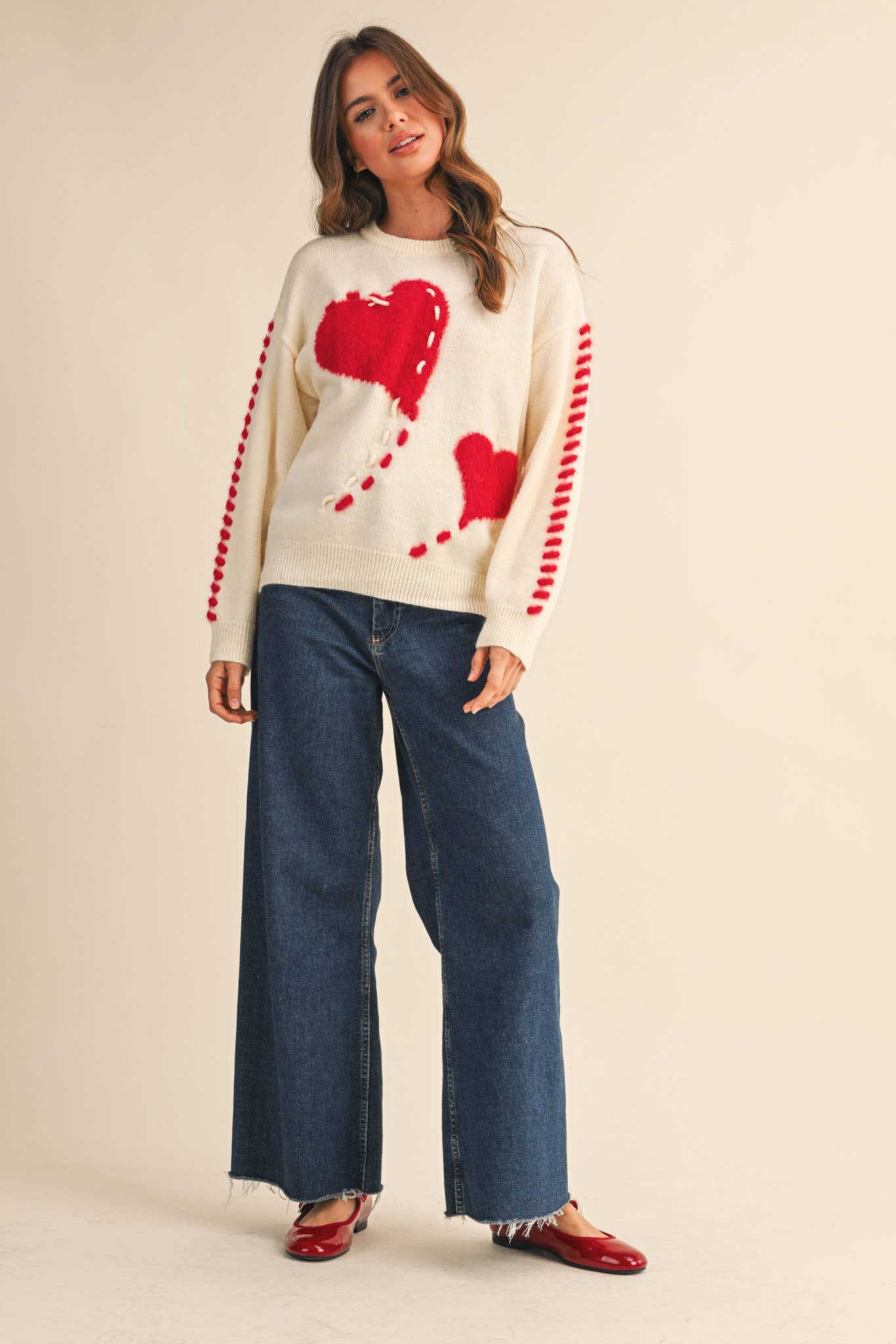 FUZZY HEART KNIT SWEATER WITH WHIP STITCH MSW10990: Red / L