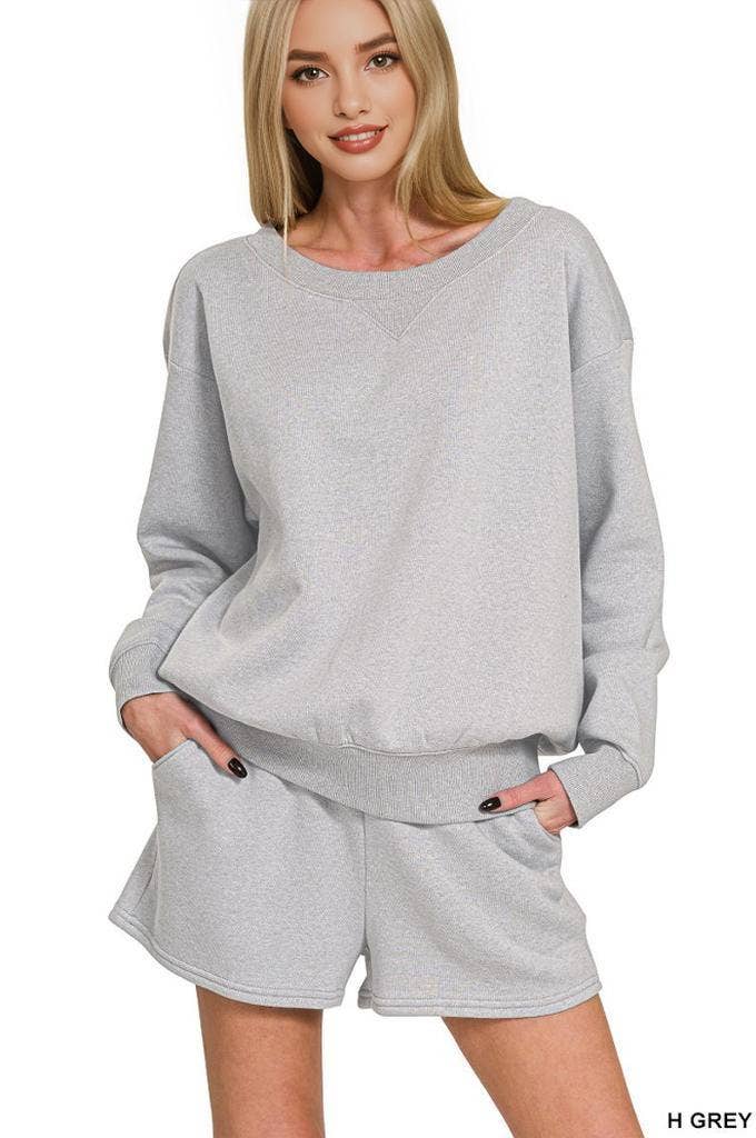 Fleece Sweatshirts & Drawstring Shorts 2pc Set Zenana: ASH MOCHA-186261 / S