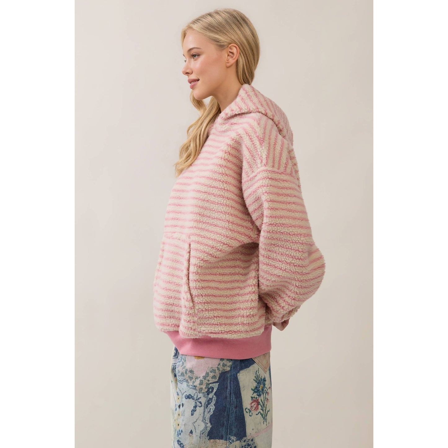 Teddy Striped Contrast Cozy Hoodie: Brown / S