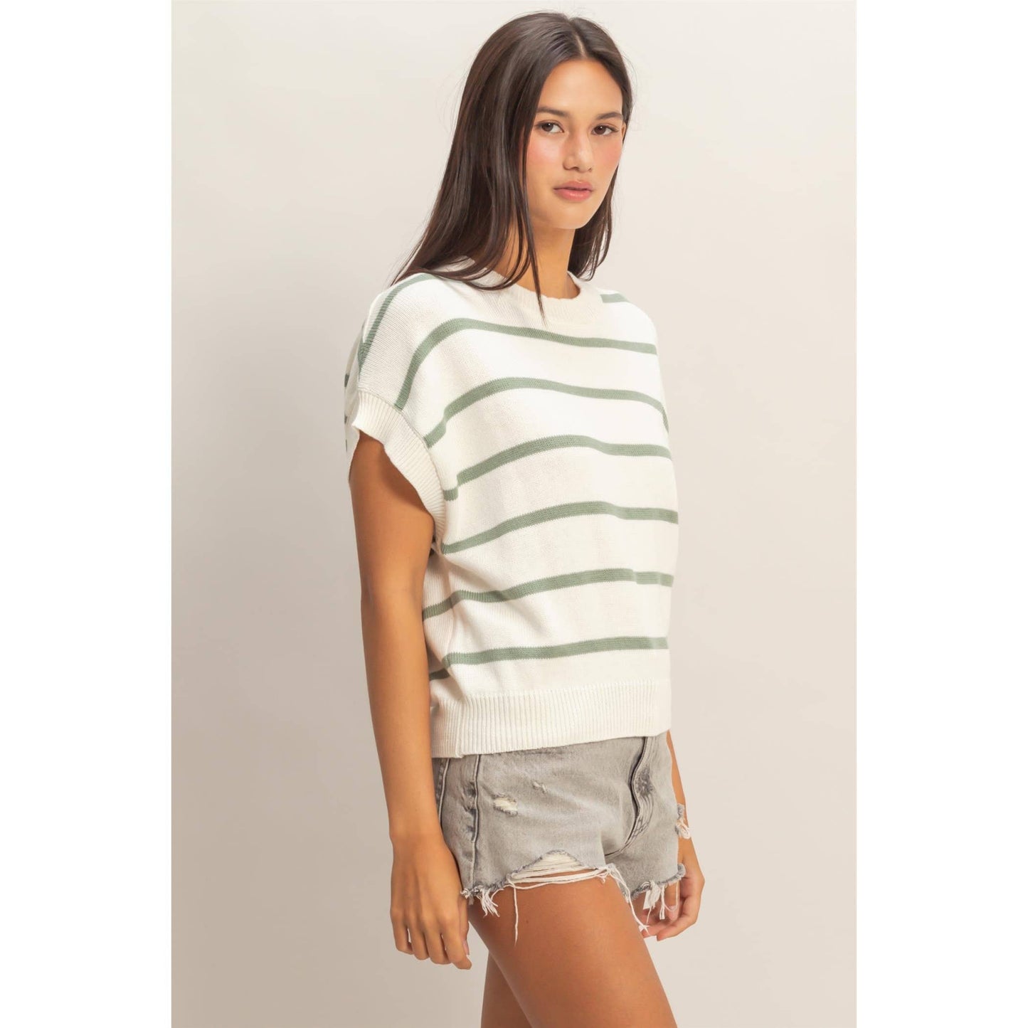 Striped Crew Neck Knit Top: BLUE / S-M-L(2-2-2)