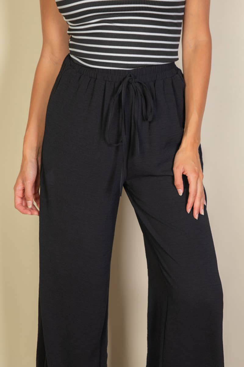 Drawstring waist wide leg minimalist pants: Black / S