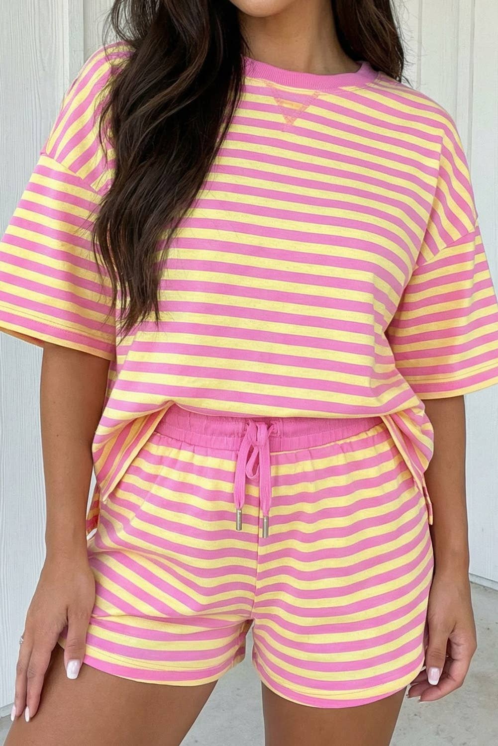 LAS Stripe Contrast Trim Boxy Terry Short Set (S-XL): Rose Stripe / Missy / XL
