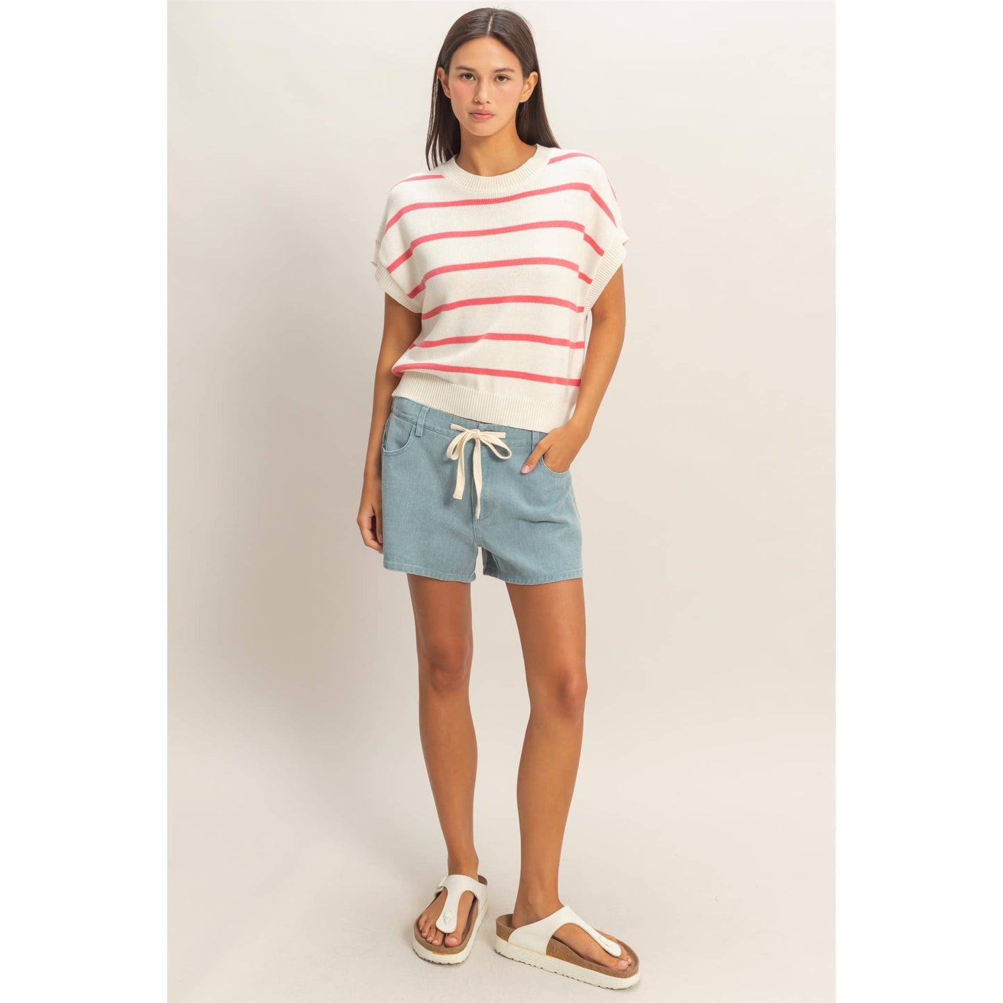 Striped Crew Neck Knit Top: BLUE / S-M-L(2-2-2)
