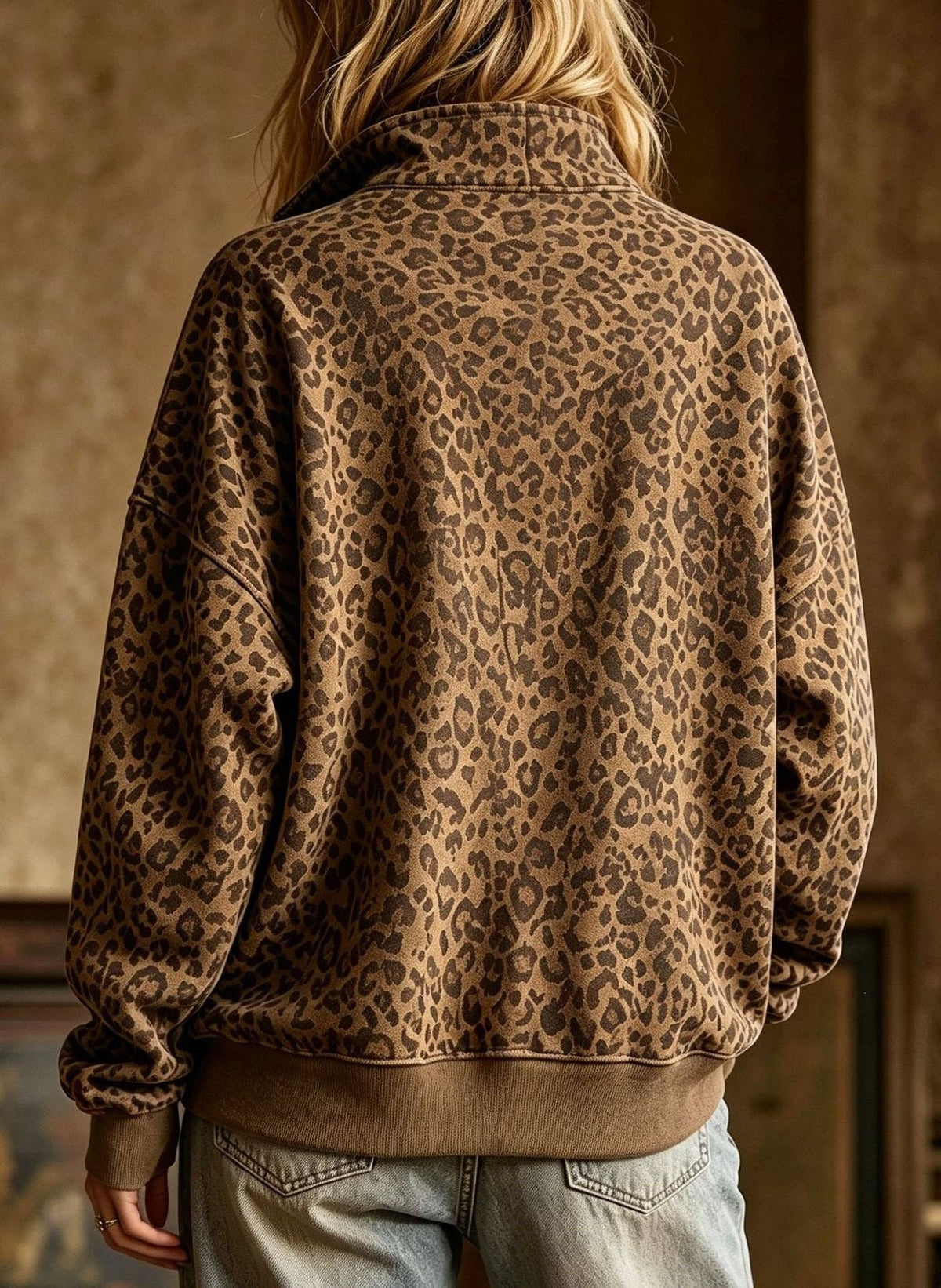 Leopard Print Half Zip Oversized Pullover Sweatshirt: Coffee / 95%Polyester+5%Elastane / XL