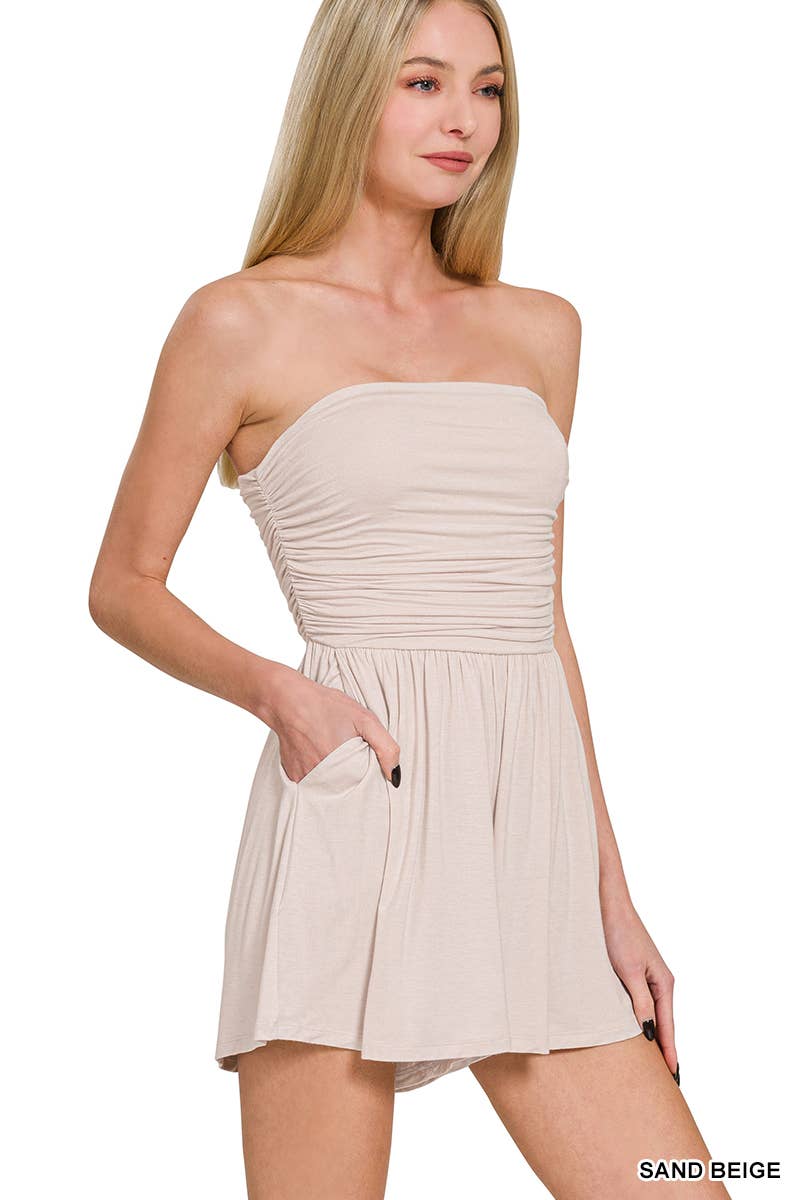 0429 Double Layered Strapless Tube Top Romper w/ Pockets SI-27473: BLACK-178871 / M
