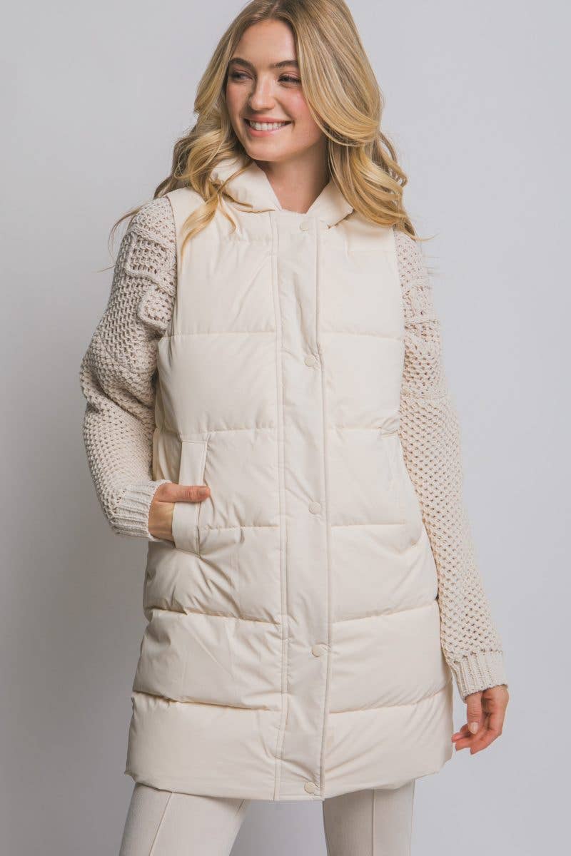 Hooded Long Quilted Puffer Vest: CAMEL / 2-2-2(S-M-L)