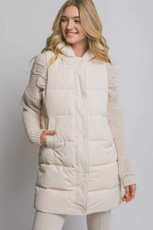 Hooded Long Quilted Puffer Vest: IVORY / 2-2-2(S-M-L)