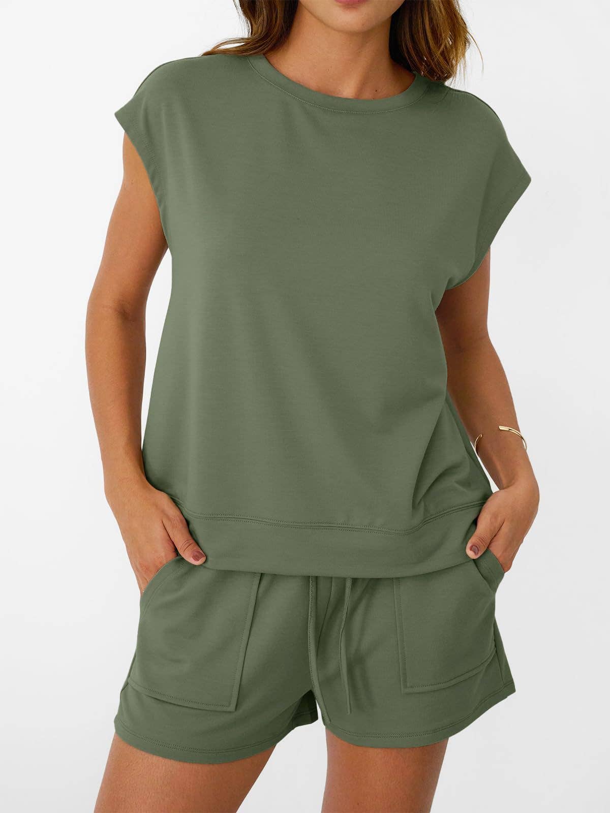 Casual Lounge Set Cap Sleeve Top Drawstring Shorts: Black / 65%Polyester+30%Viscose+5%Elastane / L