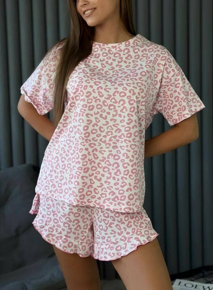 Leopard Print Pajama Set Ruffle Trim Shorts Loungewear: Gray Leopard Print / 95%Polyester+5%Elastane / S