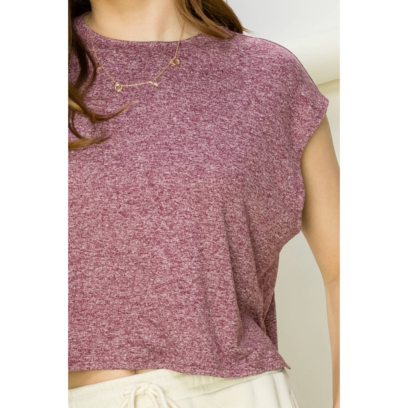 Crew Neck Cropped Top: KHAKI / S-M-L(2-2-2)