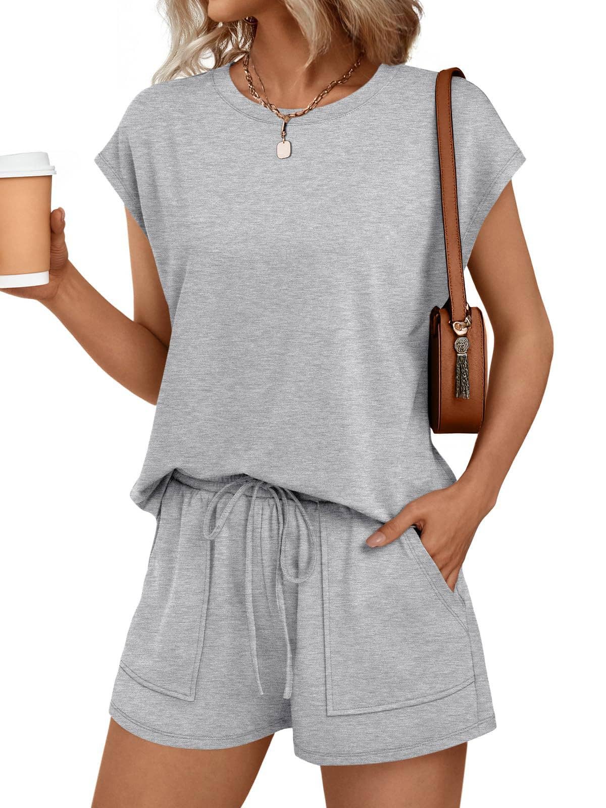 Casual Lounge Set Cap Sleeve Top Drawstring Shorts: Black / 65%Polyester+30%Viscose+5%Elastane / M