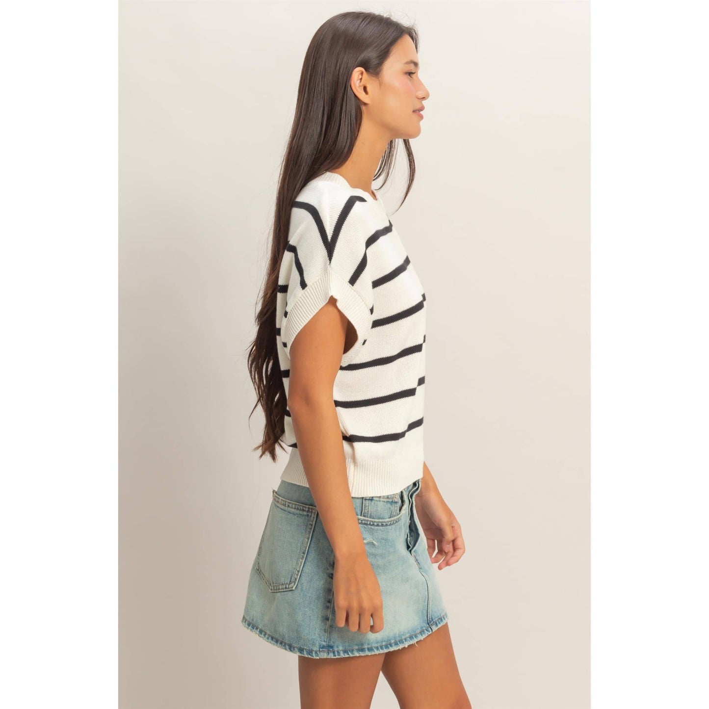 Striped Crew Neck Knit Top: BLUE / S-M-L(2-2-2)