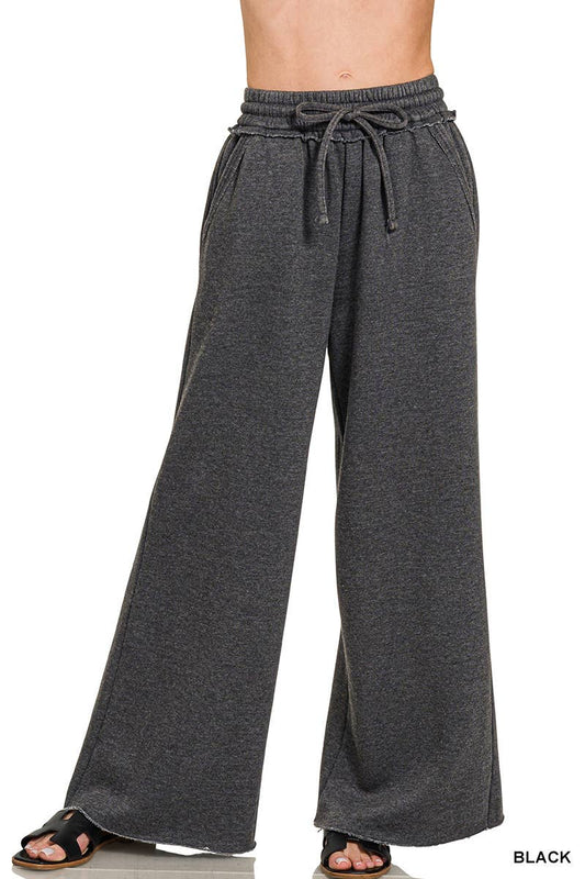 Acid Wash Fleece Palazzo Sweatpants With Pockets: BLACK / 2-2-2 (S-M-L)