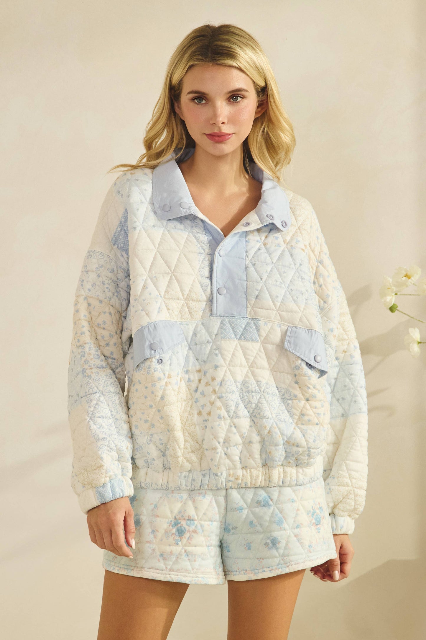 Textured Contrast printed Quarterzip Sweater: Pink Combo / S